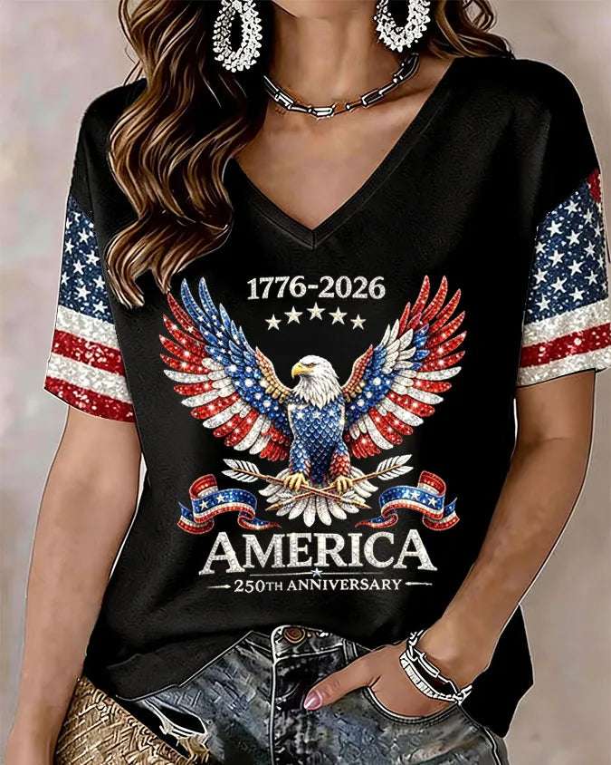 America 1776-2026 Semiquincentennial Print with National Flag Print V-neck Short Sleeve Tshirt