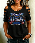 America 250 Rhinestone Eagle Round Neck Hollowed-out Short Sleeve Top
