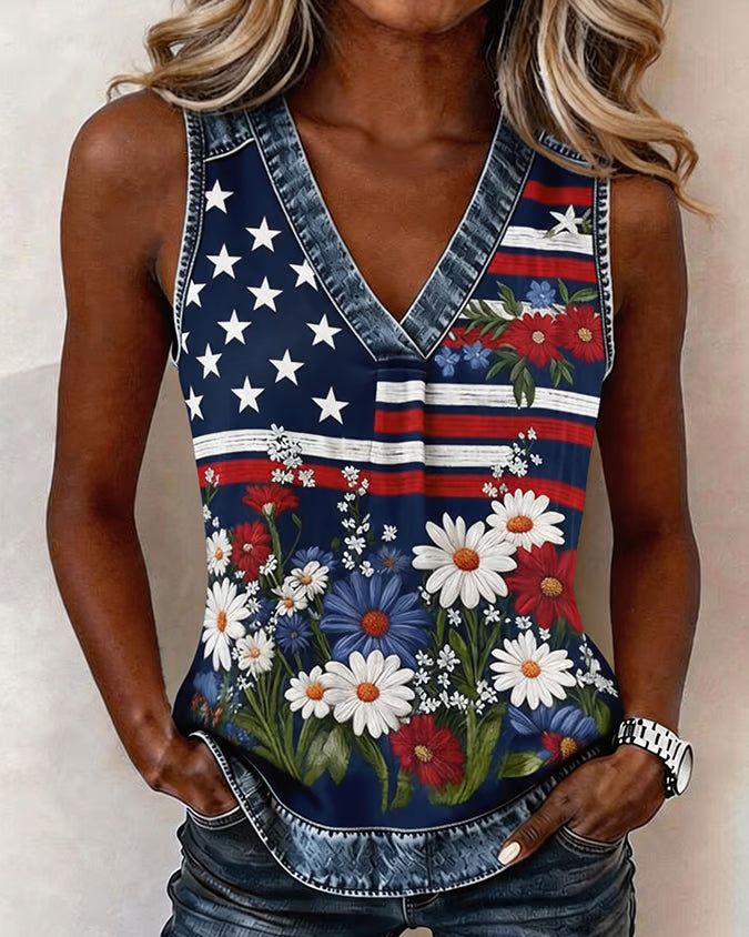 America 250 Years Flag Floral Graphic Print V-Neck Vest