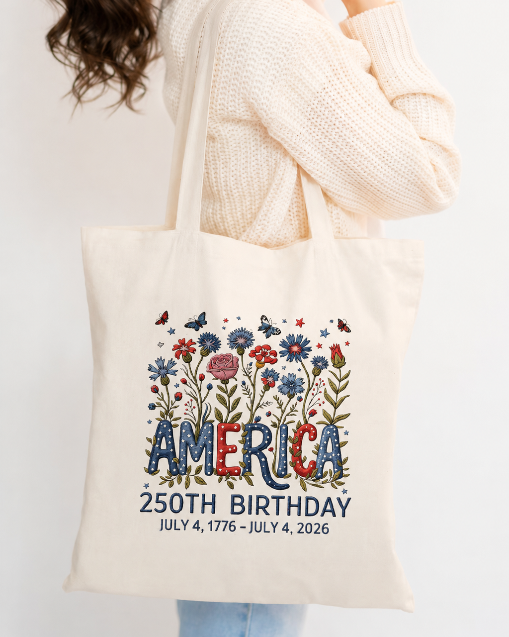 America 250 Years Flag Floral Graphic Print Zipper Canvas Tote Bag