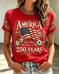 America 250 Years Flag Floral Graphic Crew Neck Short Sleeve Tshirt