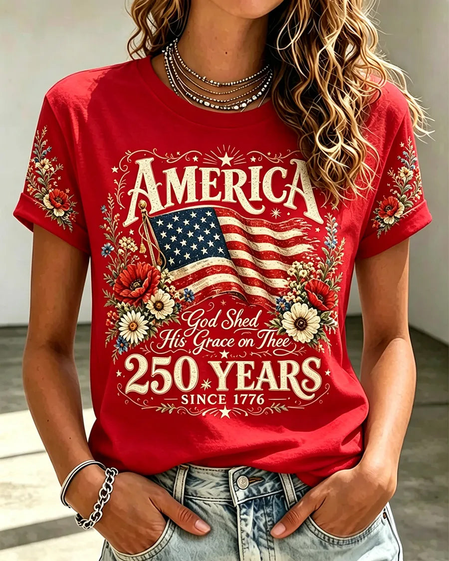 America 250 Years Flag Floral Graphic Crew Neck Short Sleeve Tshirt