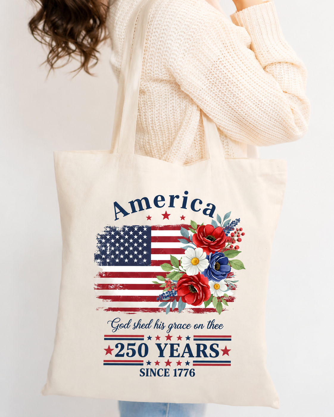 America 250 Years Flag & Poppies Print Zipper Canvas Tote Bag