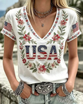 Women's America's 250th Anniversary Flower Print V-neck Short Sleeve Tshirt