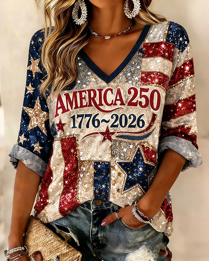 America's 250th Anniversary Print T-Shirt V-neck loose T-shirt