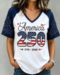 American 250th Anniversary Alphabet Print V-neck Short Sleeve Tshirt