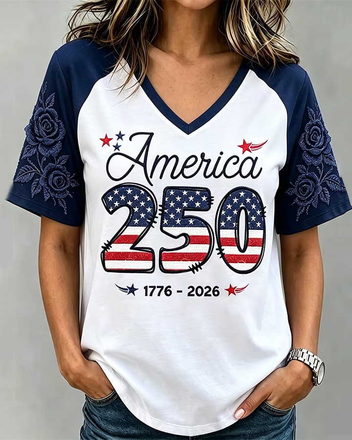 American 250th Anniversary Alphabet Print V-neck Short Sleeve Tshirt