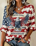 American 250th Anniversary Cotton Linen Print V-neck Half Sleeved Loose Top