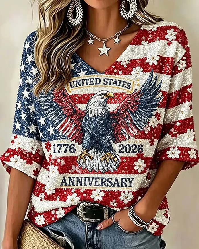 American 250th Anniversary Cotton Linen Print V-neck Half Sleeved Loose Top
