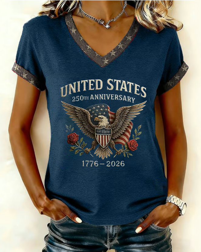 Women's American 250th Anniversary Print V-neck Short Sleeve Tshirt