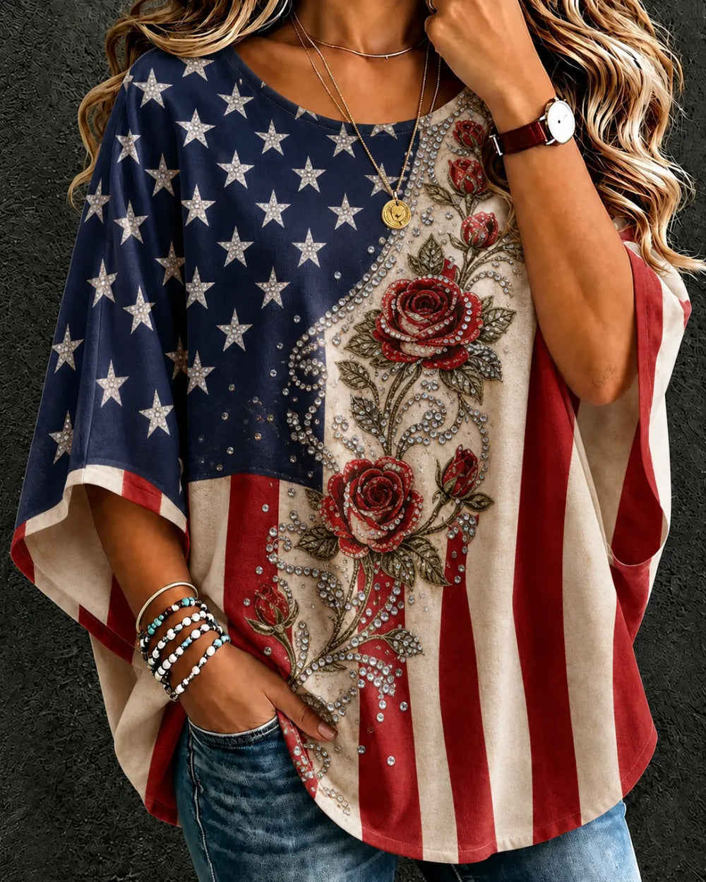 American Flag Floral Vintage Print Round Neck Loose Top