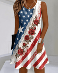 American Flag Lace Rose Print Round Neck Sleeveless Mini Casual Dress