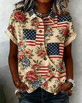 American Flag Rose Collage Print Lapel Button-Down Short-Sleeved Shirt