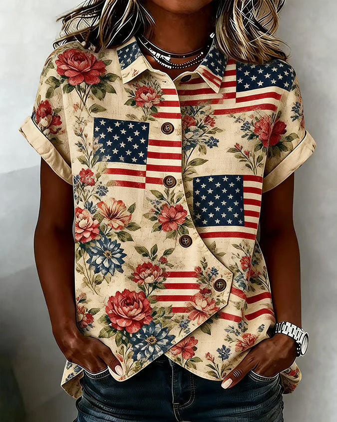 American Flag Rose Collage Print Lapel Button-Down Short-Sleeved Shirt