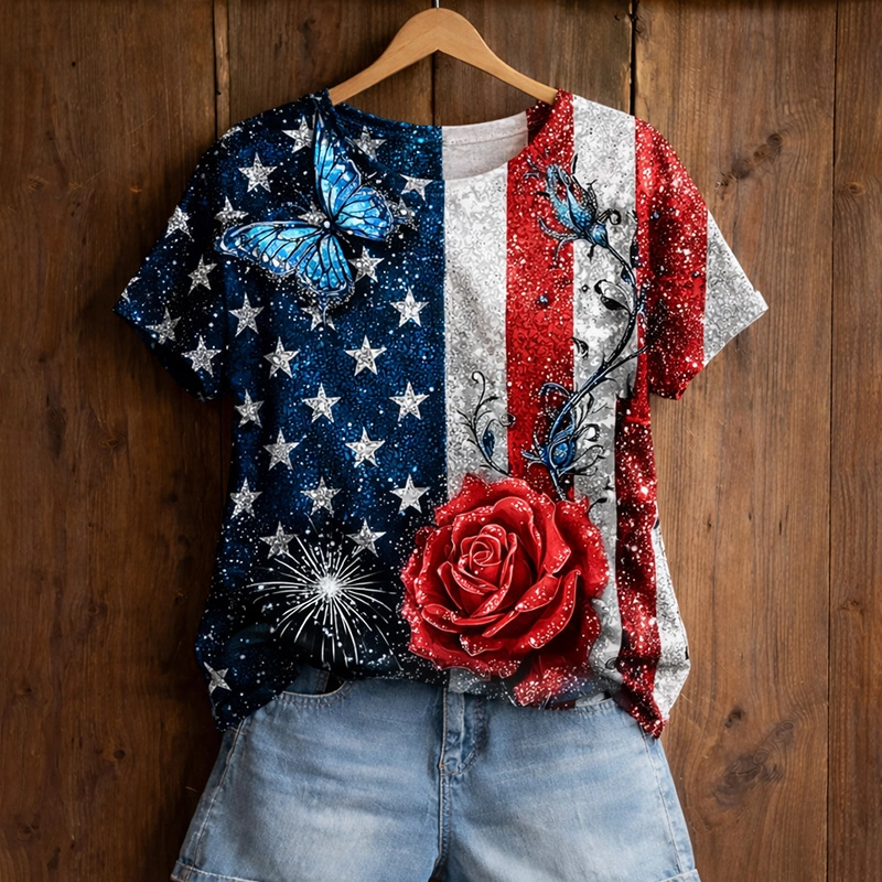 American Flag Rose Crew Neck Short Sleeve Tshirt