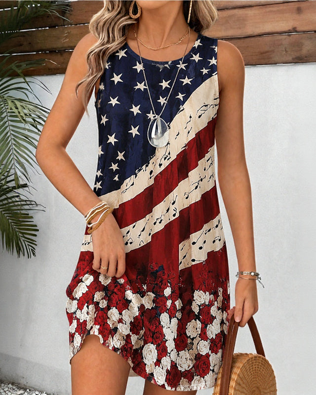 American Flag Striped Rose Print Round Neck Sleeveless Mini Casual Dress