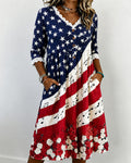 American Flag Striped Rose V-Neck Lace-Paneled Cotton Linen Casual Dress