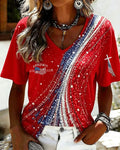 American Flag Stripes and Stars Print V-neck Short Sleeve Tshirt