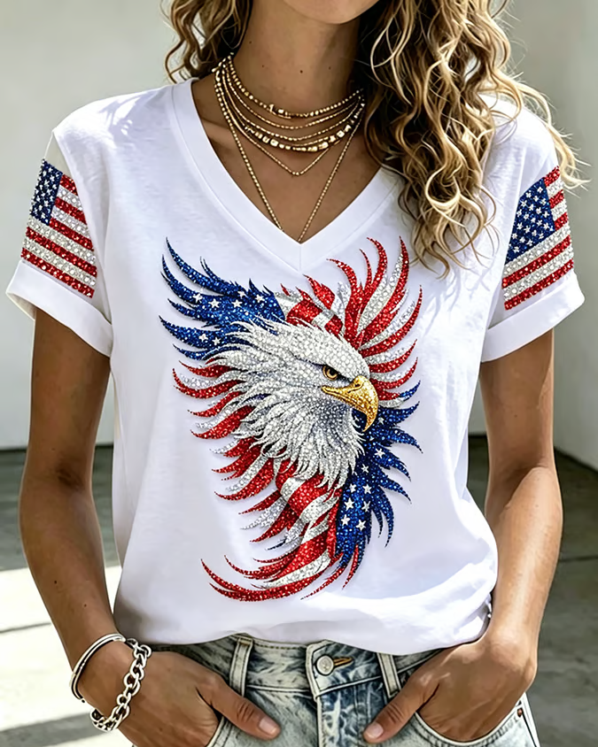 American Flag and Eagle Print V-neck Short Sleeve Tshirt