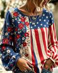 American Flag Bohemian Flowers Print Round Neck Puff Sleeves Blouse