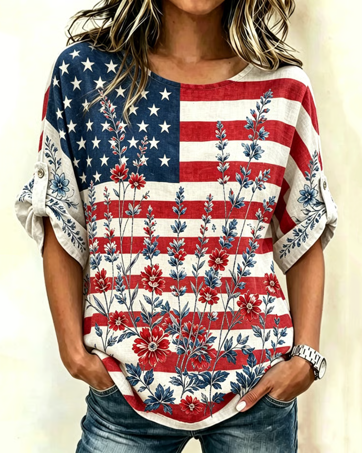 American Flag Bohemian Flowers Print Shirt
