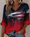 American Flag and Eagle Graffiti Print V-neck Half Sleeved Loose Top