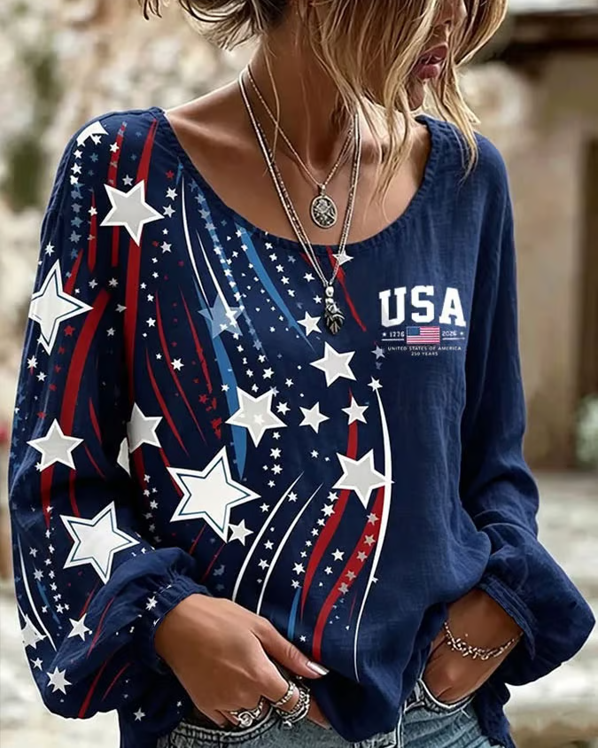 American Flag and Star Round Neck Puff Sleeves Blouse
