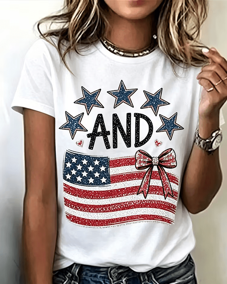 American Flag Bow Print Crew Neck Short Sleeve Tshirt