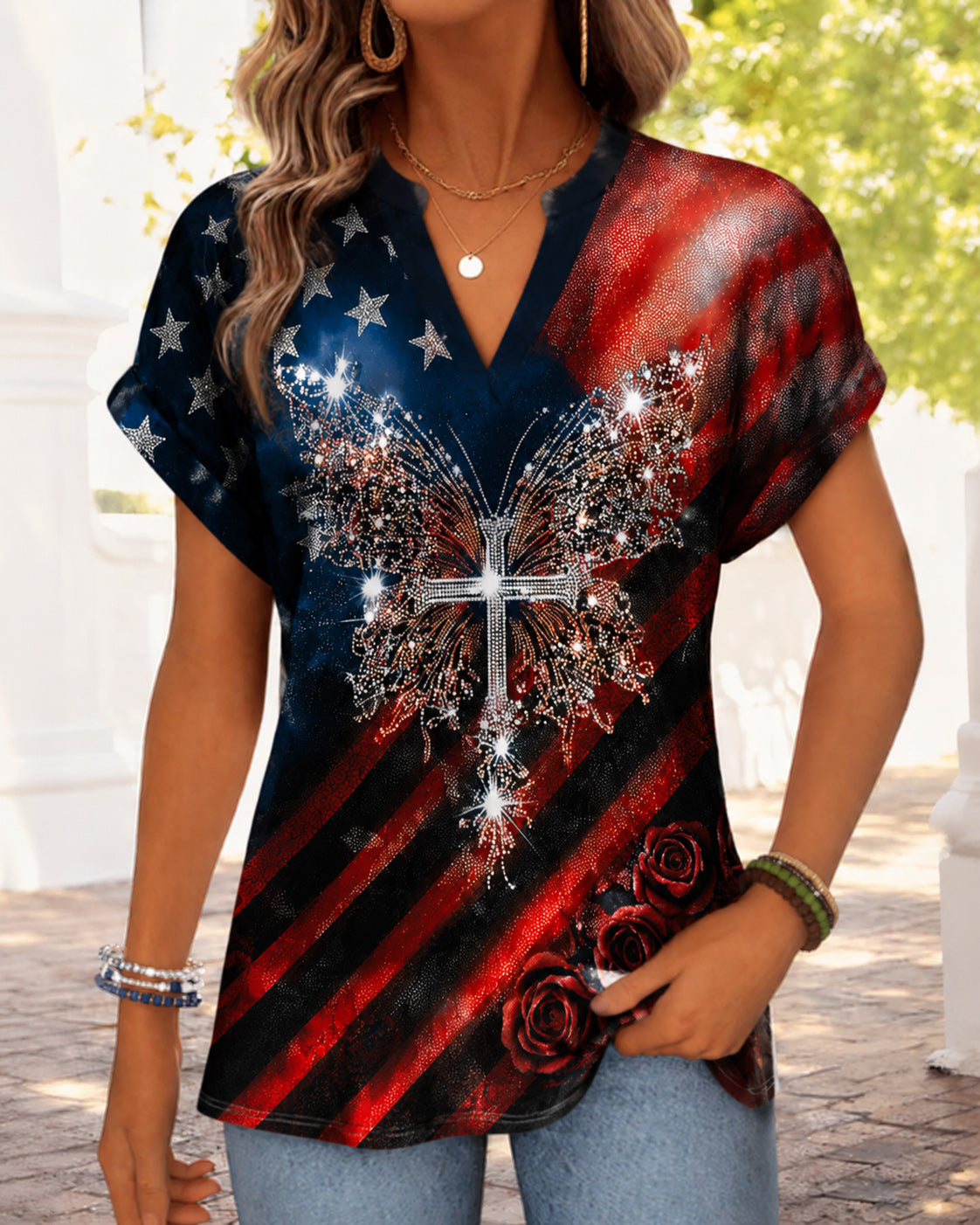 American Flag Butterfly Short Sleeve Blouse