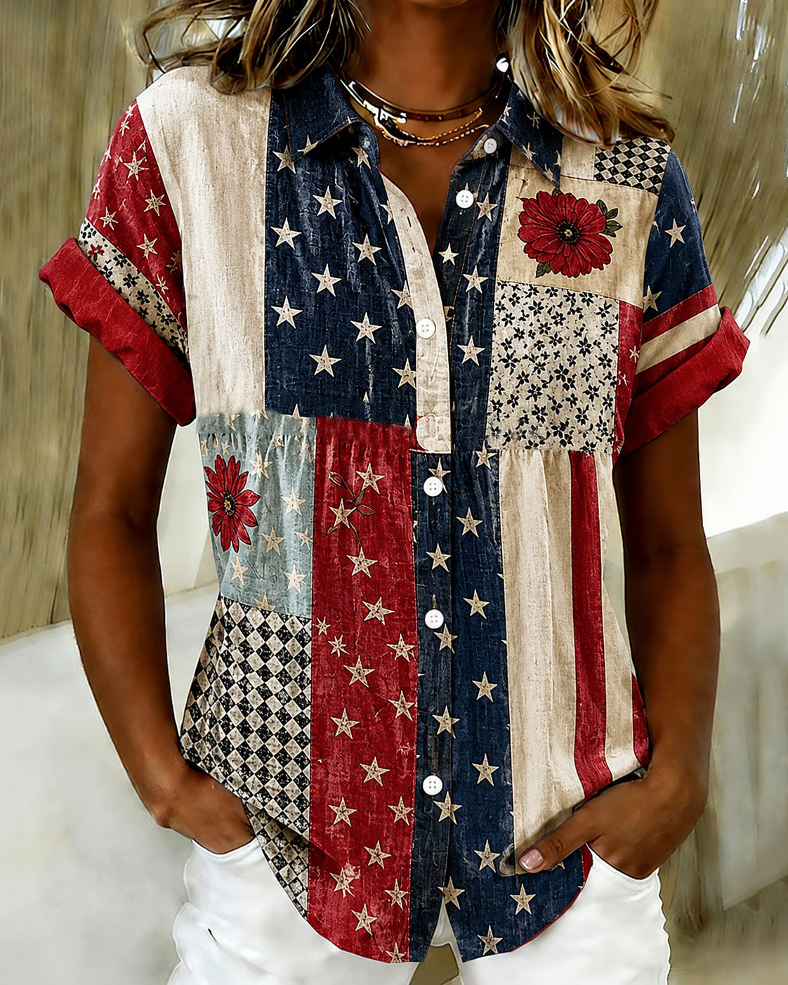 American Flag Checkered Patch Print Lapel Button-Down Short-Sleeved Shirt