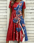 American Flag Contrasting Roses Print Pocket Casual Dress