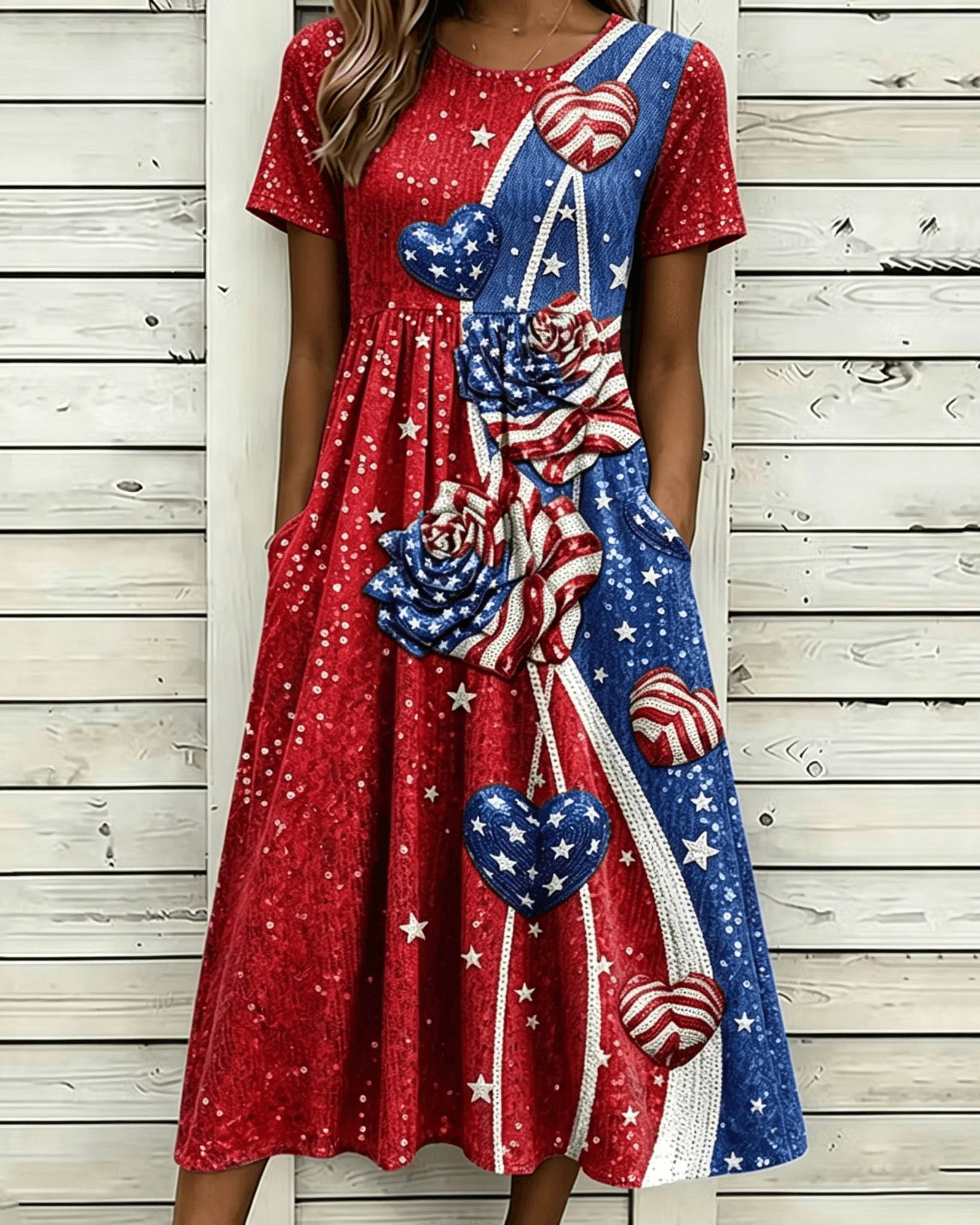 American Flag Contrasting Roses Print Pocket Casual Dress