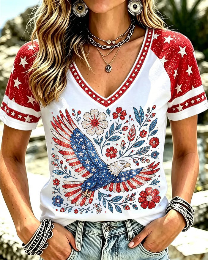 American Flag Eagle Print V-neck Short Sleeve Tshirt