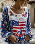 American Flag Floral Art Print Round Neck Puff Sleeves Blouse