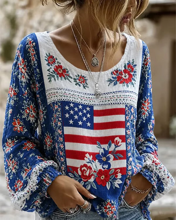 American Flag Floral Art Print Round Neck Puff Sleeves Blouse