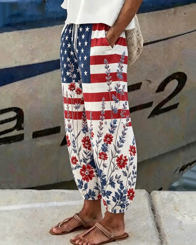American Flag Floral Pattern Print Casual Pants