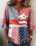 Women'S Casual American Flag Flower Patch Print Lace Patchwork Half-sleeved Shirt