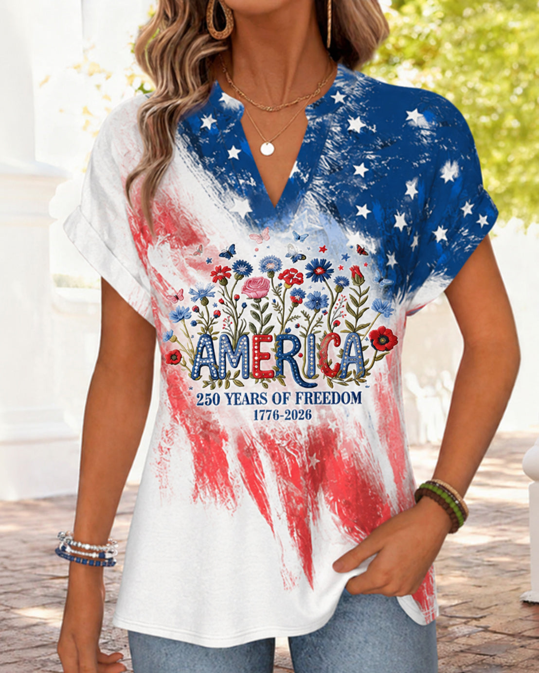 American Flag Flowers Short Sleeve Blouse