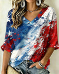 American Flag Graffiti Print V-neck Half Sleeved Loose Top
