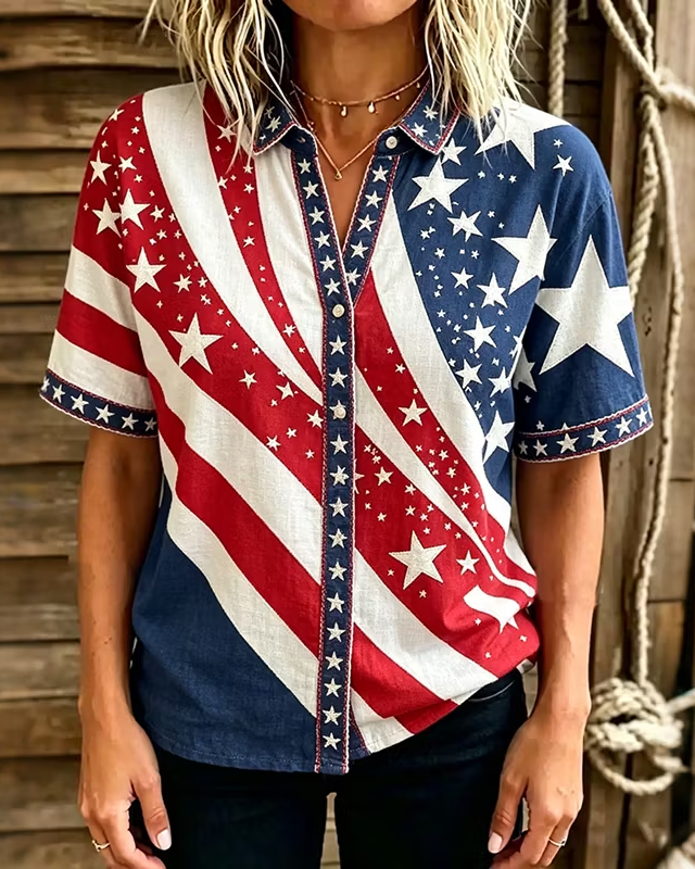American Flag Graffiti Print Lapel Button-Down Short-Sleeved Shirt