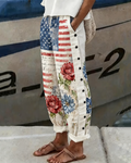 American Flag Rose Print Casual Pants