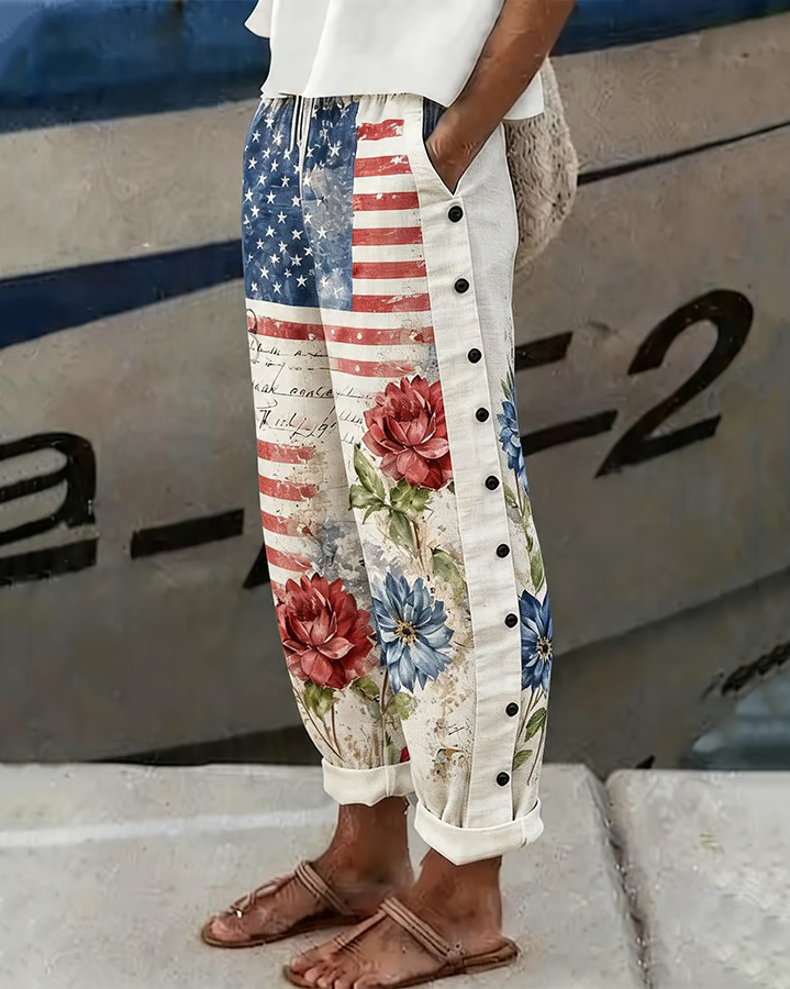 American Flag Rose Print Casual Pants