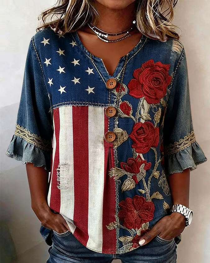 Women'S Casual American Flag Rose Splicing Print Lace Patchwork Half-sleeved Shirt