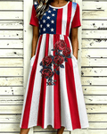American Flag Rose Splicing Print Pocket Casual Dress
