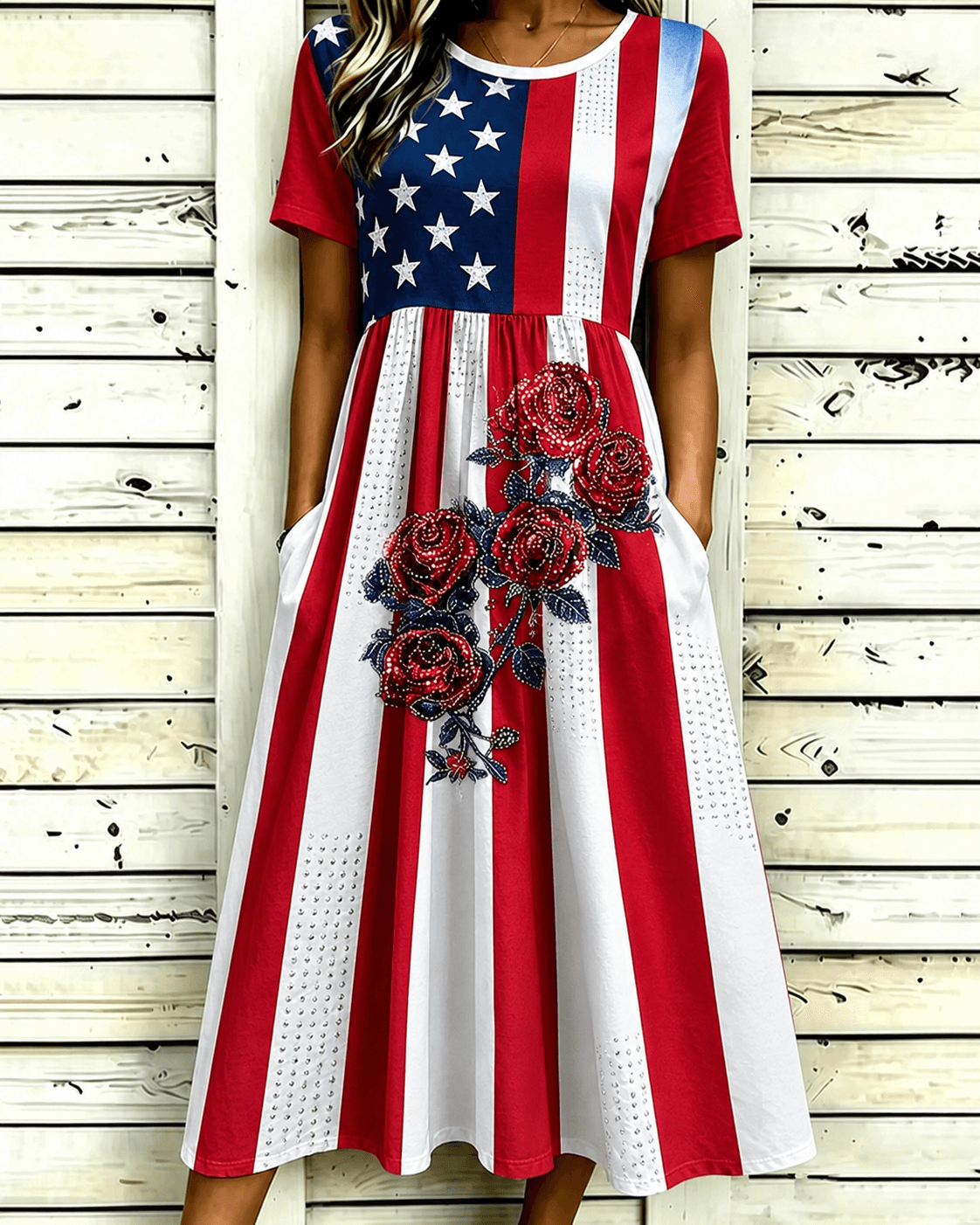 American Flag Rose Splicing Print Pocket Casual Dress