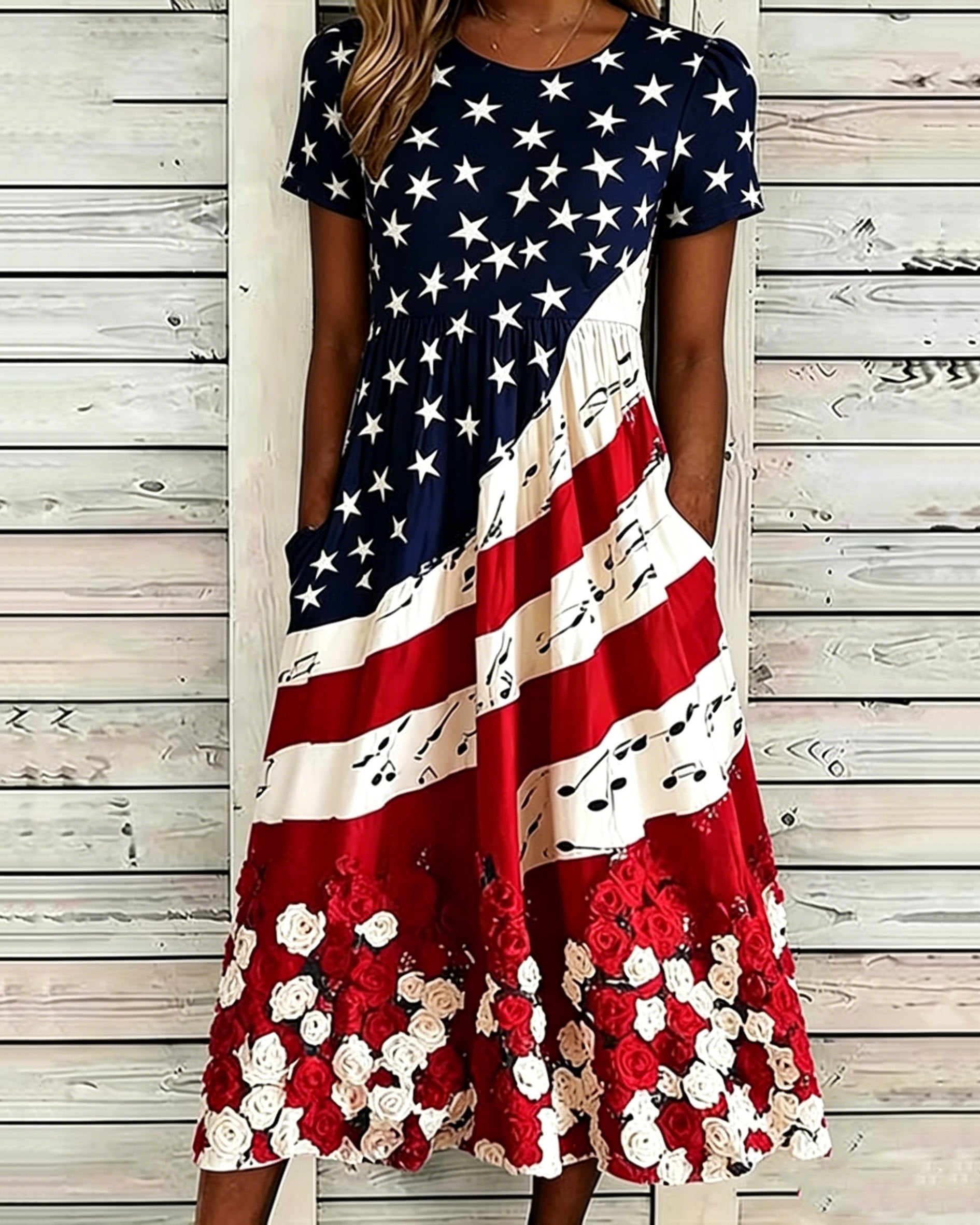 American Flag Rose Splicing Print Pocket Casual Dress