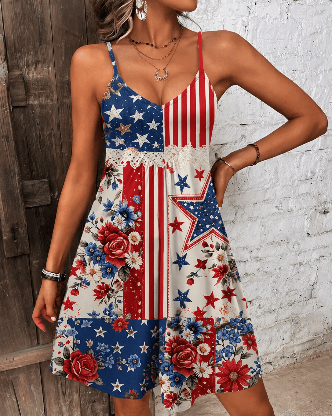 American Flag Rose Star Lace Patchwork Print Cami Mini Dress – printfem