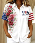 American Flag Roses Print Lapel Button-Down Short-Sleeved Shirt