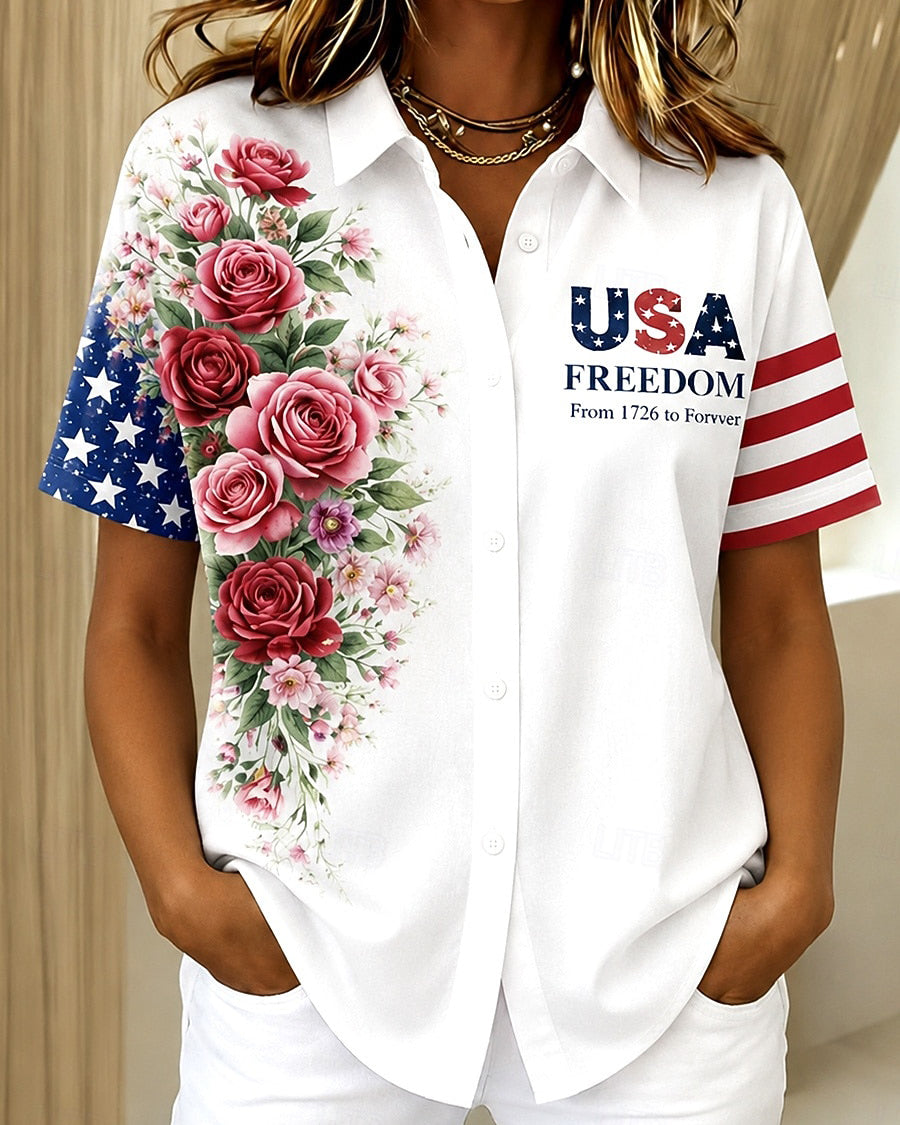 American Flag Roses Print Lapel Button-Down Short-Sleeved Shirt
