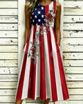 American Flag Silver Rose Sleeveless Pockets Casual Dress